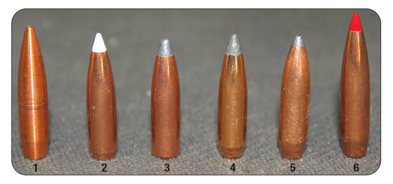 Big-game bullets used for testing included: (1) Cutting Edge 88-grain MTH, (2) Nosler 90 AccuBond, (3) Nosler 95 Partition, (4) Speer 100 BTSP, (5) Sierra 100 GameKing SBT, (6) Hornady 103-grain ELD-X.